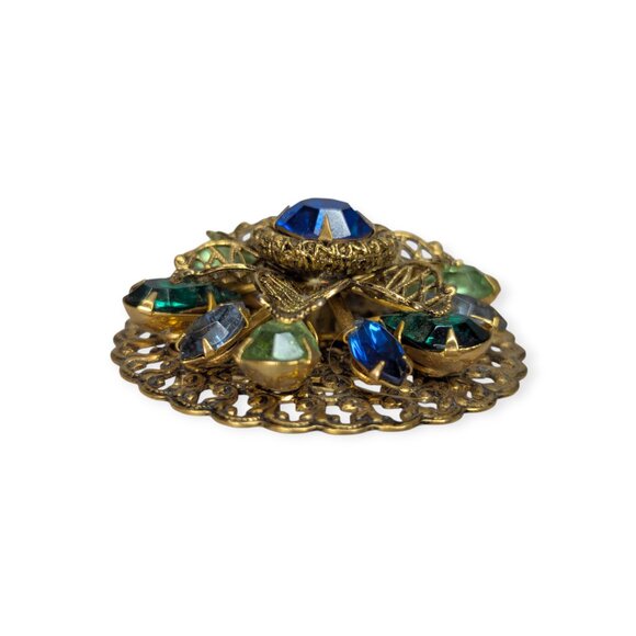 Vintage 1940s Antique Gold Tone Domed Pin with Blue & Green Gems - Picture 5 of 9